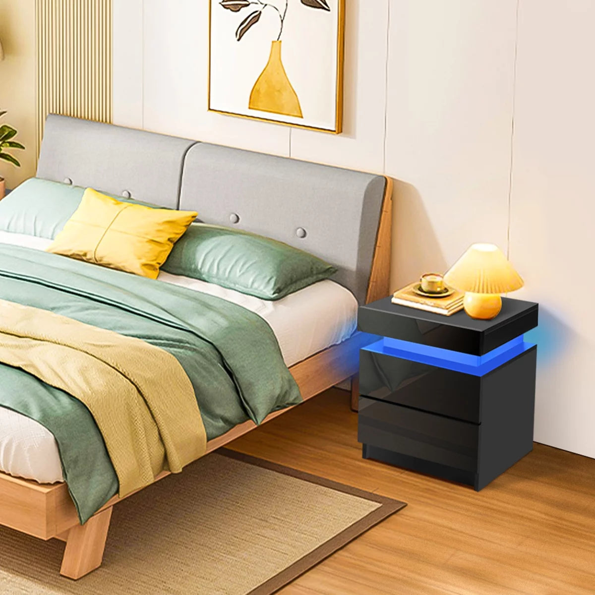 2 Drawer Modern Nightstand with RGB LED Light High Gloss Bedside Tables for Bedroom Black