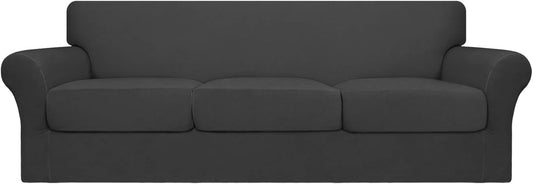 4 Pieces Oversized Stretch Soft Couch Cover for Dogs - Washable Sofa Slipcover for 3 Separate Cushion Couch - Elastic Furniture Protector for Pets, Kids Dark Gray