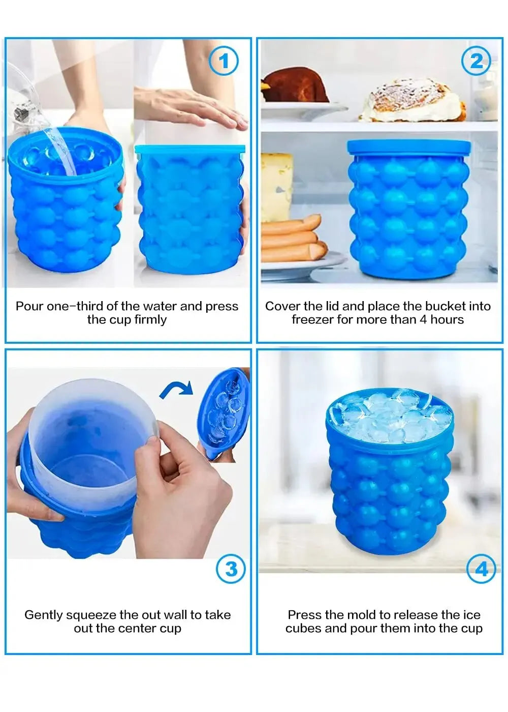 1Pc 12.8X10X14Cm/5.12X4X5.6Inch Silicone Ice Bucket Ice Maker,Blue Space Saving Ice Cube Maker Bucket,Medium Ice Buckets