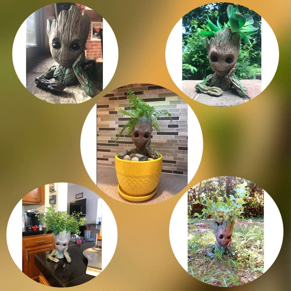 Baby Groot Pen Pot Tree Man Pens Holder or Flower Pot with Drainage Hole Perfect for a Tiny Succulents Plants 6" (Grayish Brown)