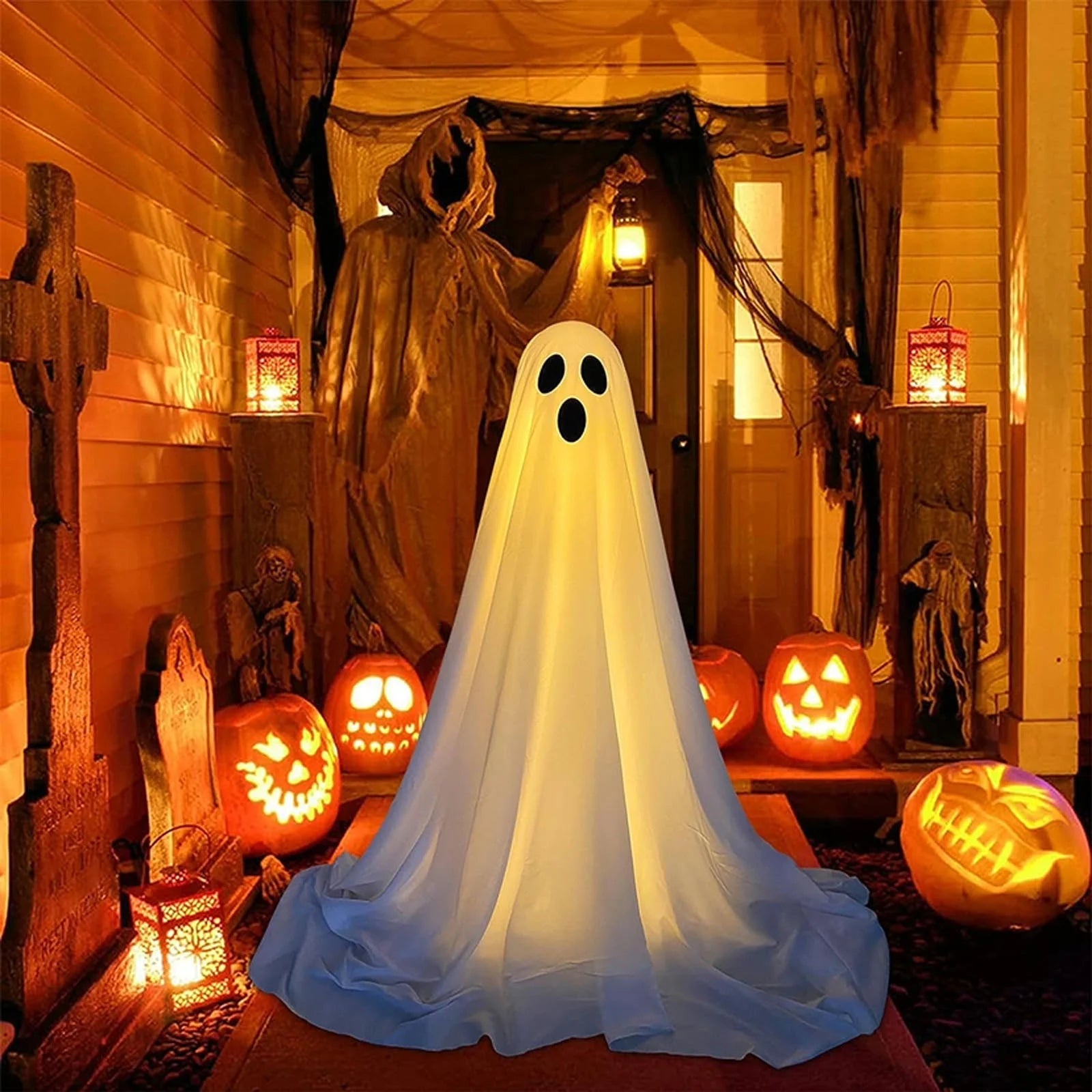 Decorations Outdoor, Large Lighted White Cloth Ghosts, 49 Inches Standing White Ghost, Home Courtyard Lawn Party Decoration (Cute)