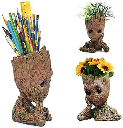 Baby Groot Pen Pot Tree Man Pens Holder or Flower Pot with Drainage Hole Perfect for a Tiny Succulents Plants 6" (Grayish Brown)