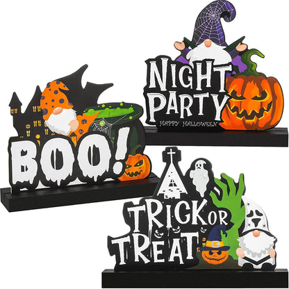 3Pcs Happy Halloween Table Decorations,Boo Spooky Table Centerpieces Trick or Treat Witch Hat Wooden Sign for Halloween Party Dinner Coffee Table Topper Tier Tray Home Decor