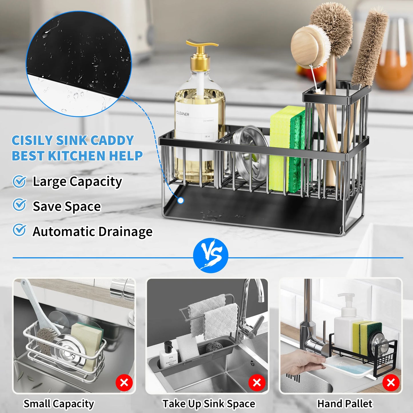 Sink Caddy Kitchen Organizer,Sponge Holder Kitchen Sink Caddy,Waterproof and Rustproof Black Kitchen Accessory