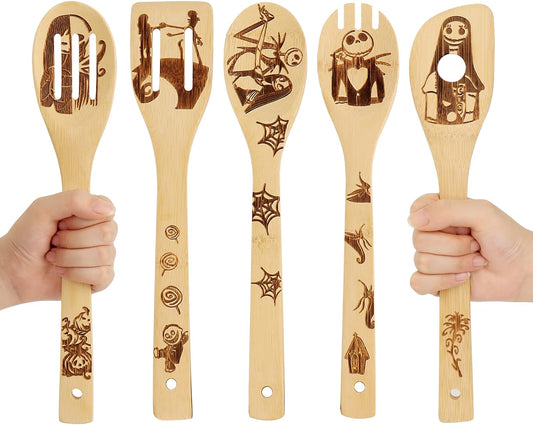 Nightmare before Christmas Gifts-5 Pcs Wooden Spoons for Cooking Utensils Set,Nightmare before Christmas Halloween Decorations,Wood Kitchen Utensils Set for Halloween Gifts