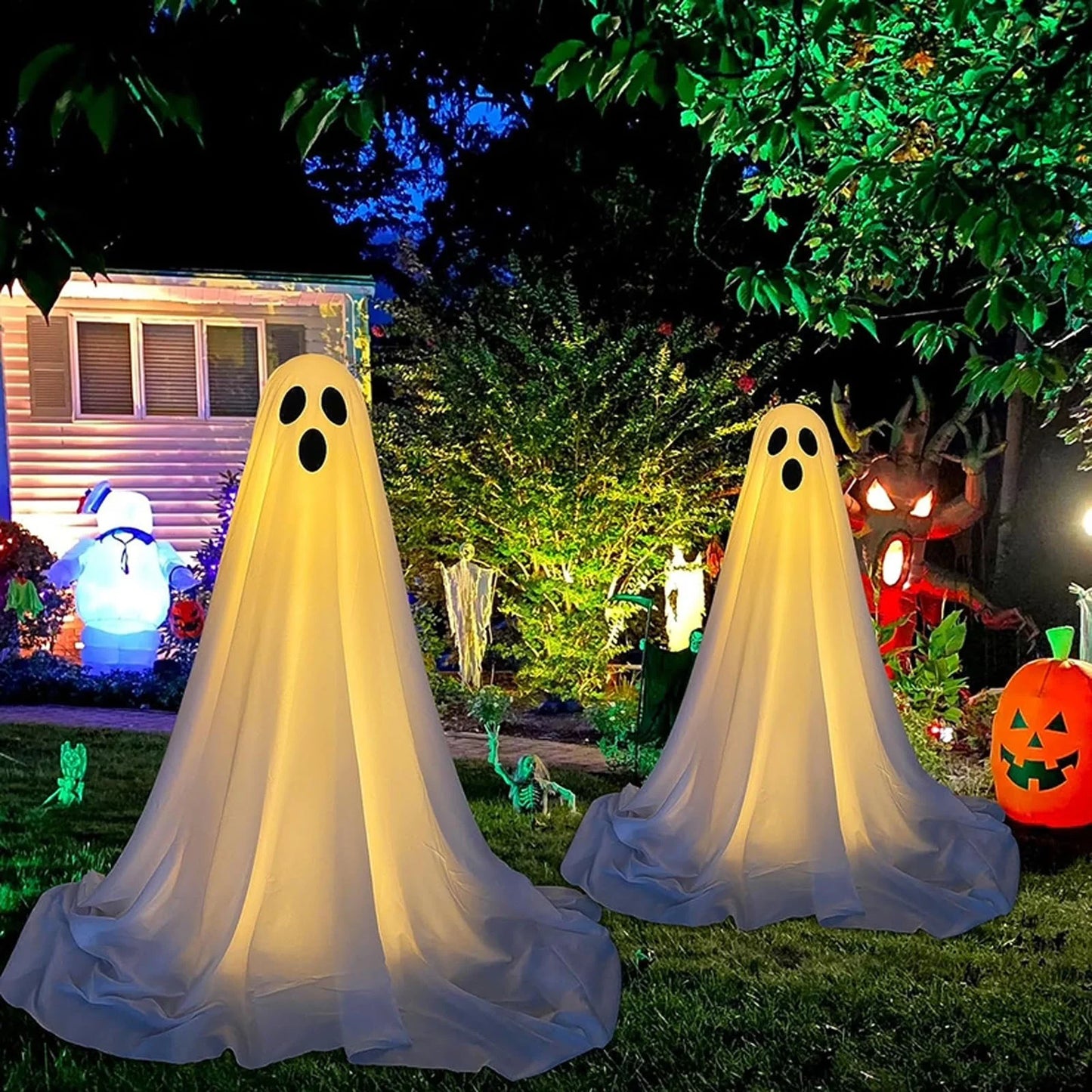 Decorations Outdoor, Large Lighted White Cloth Ghosts, 49 Inches Standing White Ghost, Home Courtyard Lawn Party Decoration (Cute)