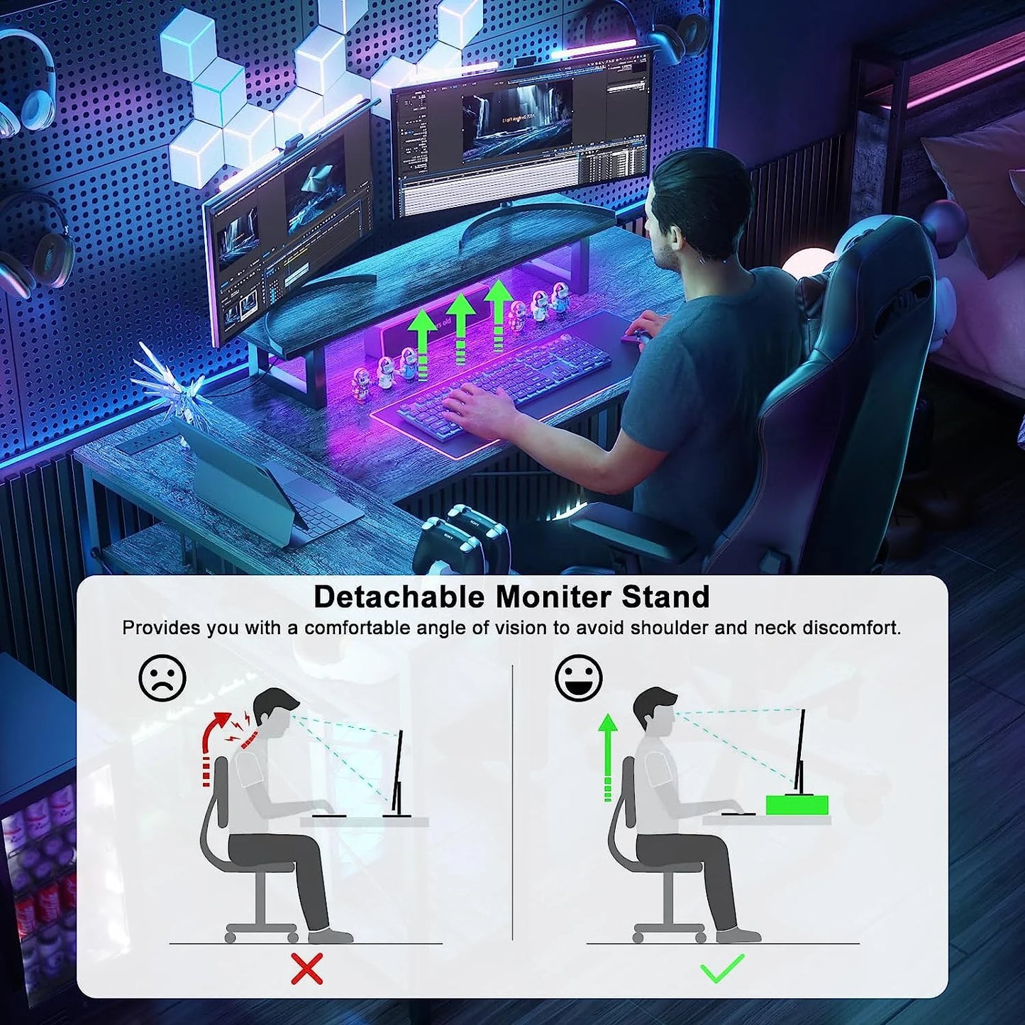 L Shaped Desk with Power Outlet & USB Ports, 47 Inch Reversible L-Shaped Gaming Desk with LED Strip & Monitor Stand, Corner Computer Desk with Storage for Home Office, Black Oak