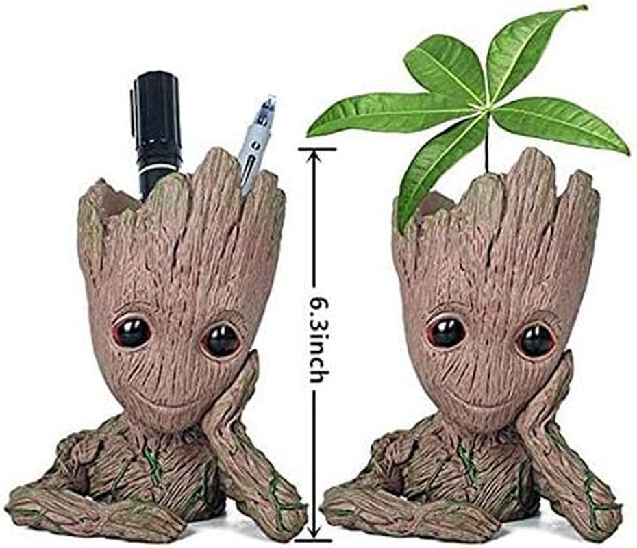 Baby Groot Pen Pot Tree Man Pens Holder or Flower Pot with Drainage Hole Perfect for a Tiny Succulents Plants 6" (Grayish Brown)