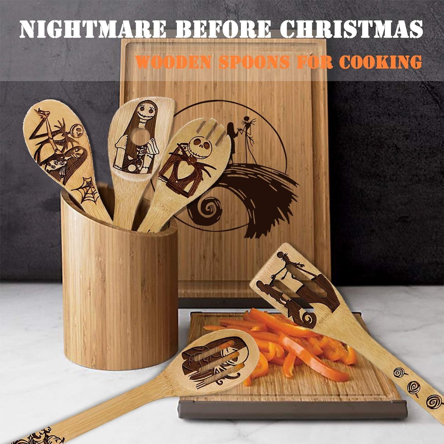 Nightmare before Christmas Gifts-5 Pcs Wooden Spoons for Cooking Utensils Set,Nightmare before Christmas Halloween Decorations,Wood Kitchen Utensils Set for Halloween Gifts