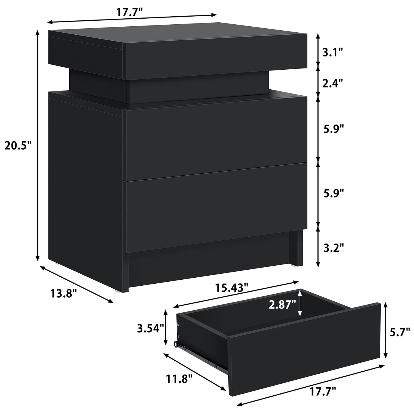 2 Drawer Modern Nightstand with RGB LED Light High Gloss Bedside Tables for Bedroom Black