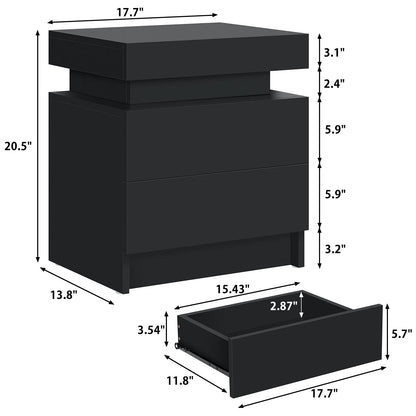 2 Drawer Modern Nightstand with RGB LED Light High Gloss Bedside Tables for Bedroom Black